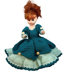 Vintage 1988 Fibre Craft Crochet Doll Red Hair Teal Ball Gown Excellent
